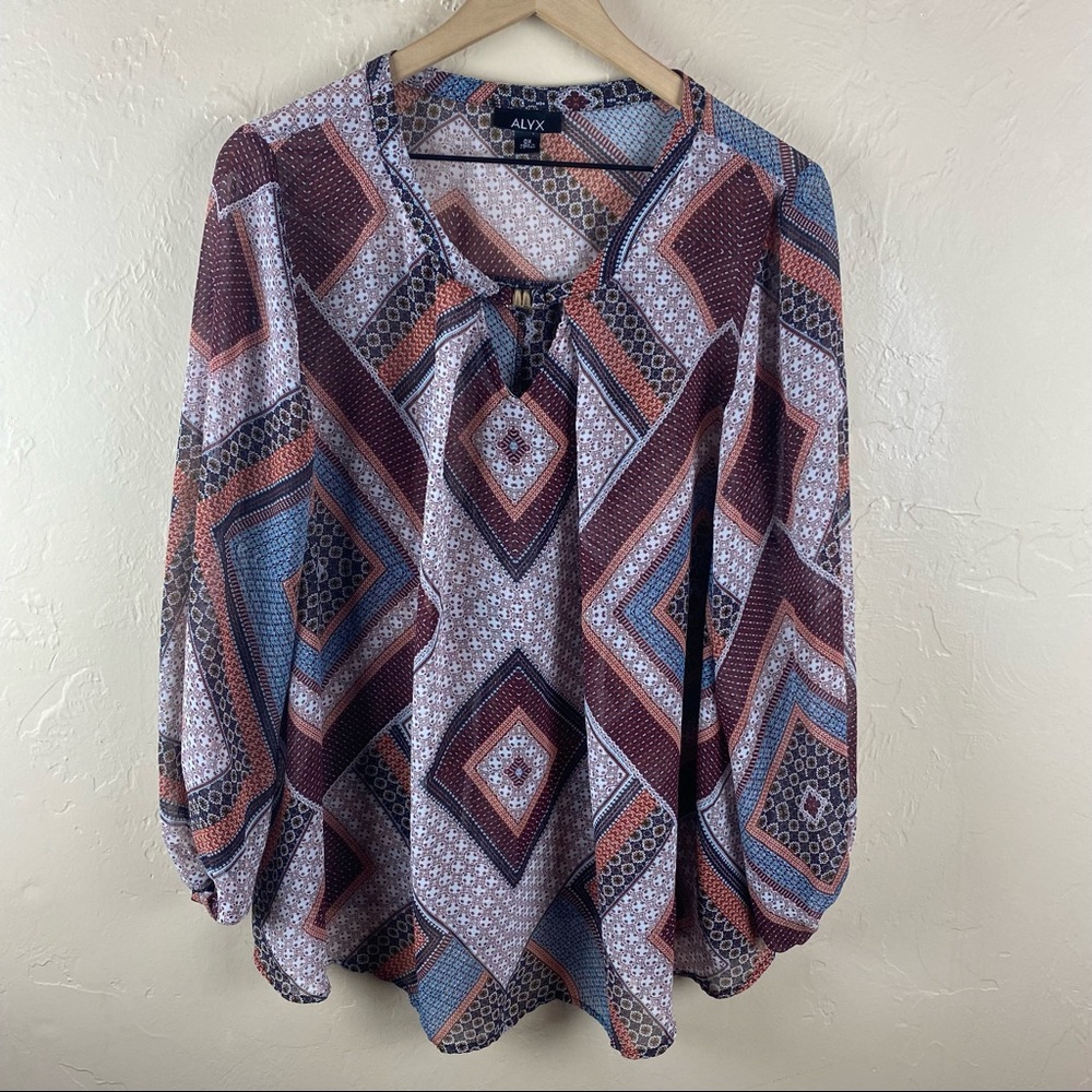 Alyx brown Geometric Pattern Sheer Blouse Keyhole Neckline Gold Hardware 0X XXL